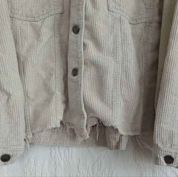 POL Beige Corduroy Jacket Crop Fringe Gray Button Down Oversized Distressed Cool - Picture 4 of 10